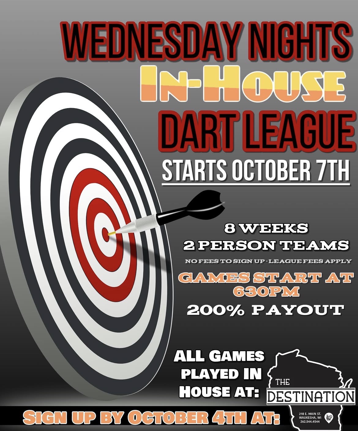 Flyer: Wednesday Nights In-House Dart League starting October 7th, 8 weeks, two-person teams, games at 6:30 PM, 200% payout, sign up by October 4th